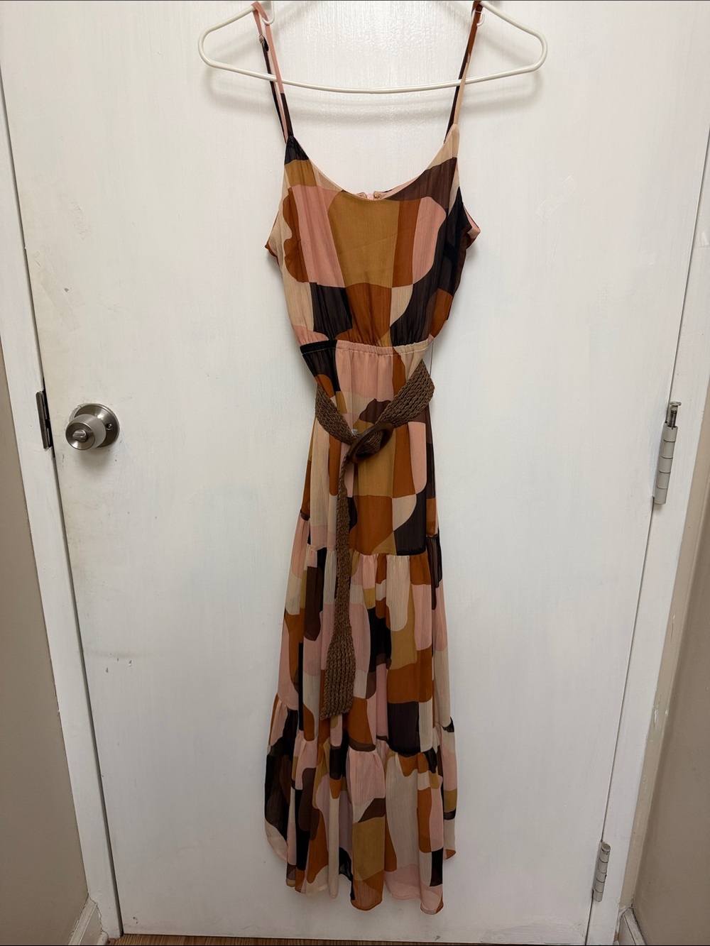 Anne Klein Geometric Print Spaghetti Strap Maxi Dress in Pink, Mustard & Brown